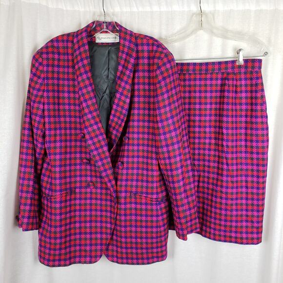 Evan Picone Jackets & Blazers - Vtg Evan Picone Houndstooth Wool Plaid Blazer Jacket Skirt Suit Set Womens sz 16